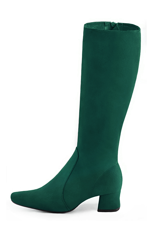 Forest green women's feminine knee-high boots. Round toe. Low flare heels. Made to measure. Profile view - Florence KOOIJMAN